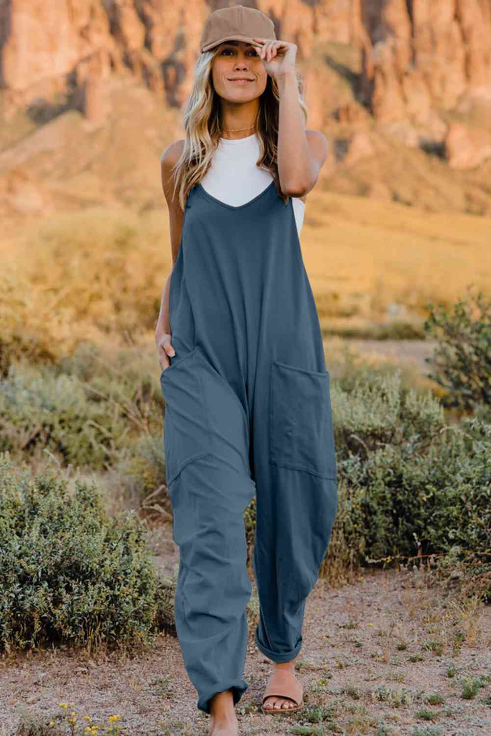 Double Take Full Size V-Neck Sleeveless Jumpsuit with Pockets - Gold Clover Boutique