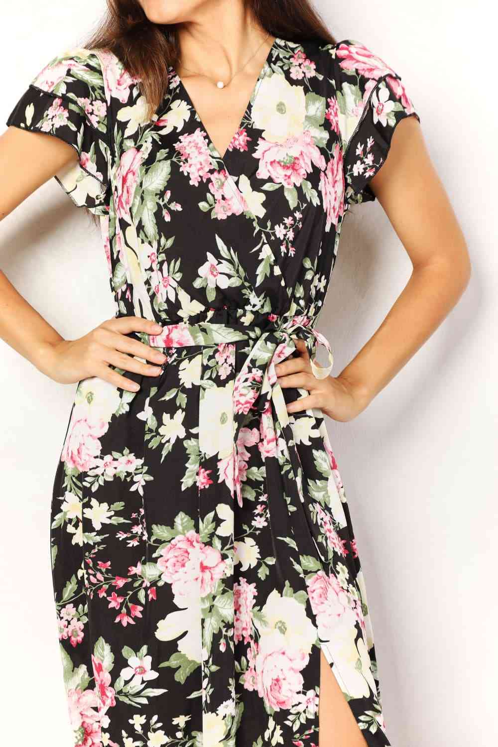 Double Take Floral Flutter Sleeve Tie-Waist Split Dress - Gold Clover Boutique