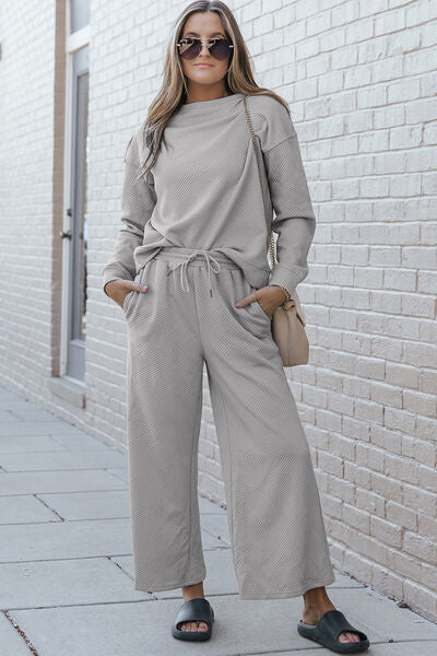 Double Take Full Size Textured Long Sleeve Top and Drawstring Pants Set - Gold Clover Boutique