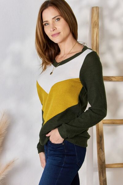 Hailey & Co Full Size Colorblock V-Neck Blouse - Gold Clover Boutique