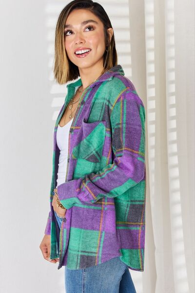 Zenana Plaid Button Up Long Sleeve Shacket - Gold Clover Boutique