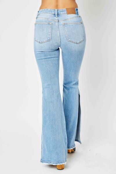 Judy Blue Full Size Mid Rise Raw Hem Slit Flare Jeans - Gold Clover Boutique