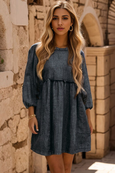 Round Neck Balloon Sleeve Mini Denim Dress - Gold Clover Boutique